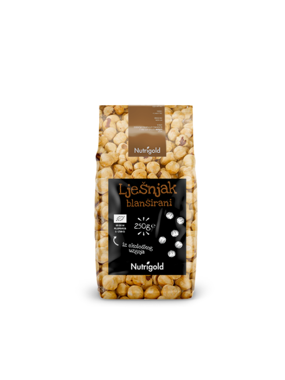 Nutrigold Organic Blanched Hazelnuts in a transparent bag of 250 grams