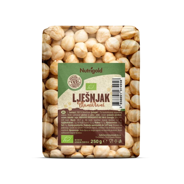 Nutrigold Organic Blanched Hazelnuts in a transparent bag of 250 grams