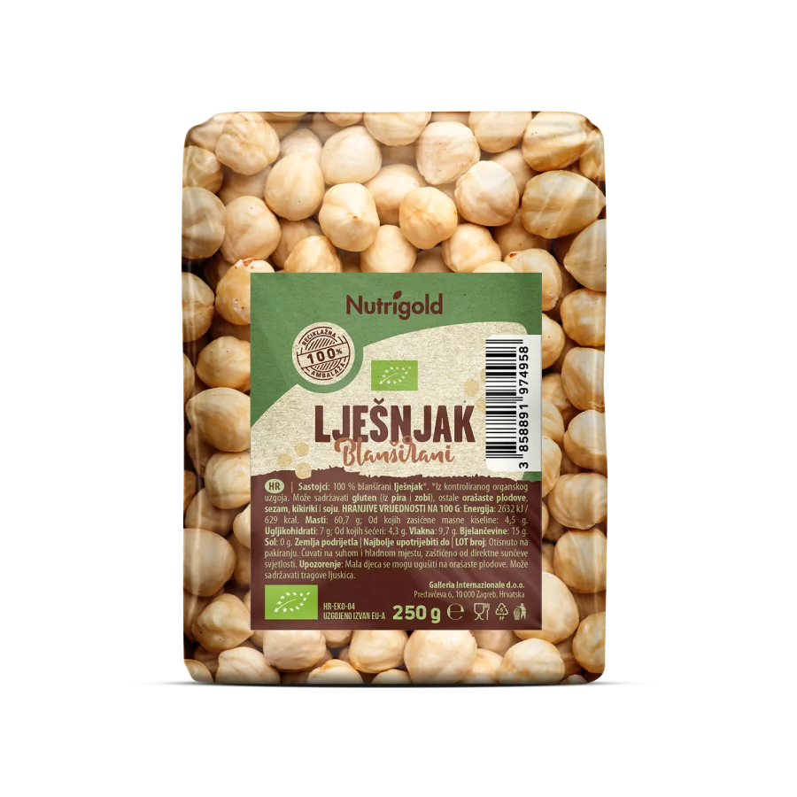 Nutrigold Organic Blanched Hazelnuts in a transparent bag of 250 grams