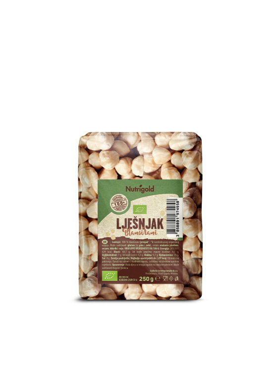 Nutrigold Organic Blanched Hazelnuts in a transparent bag of 250 grams