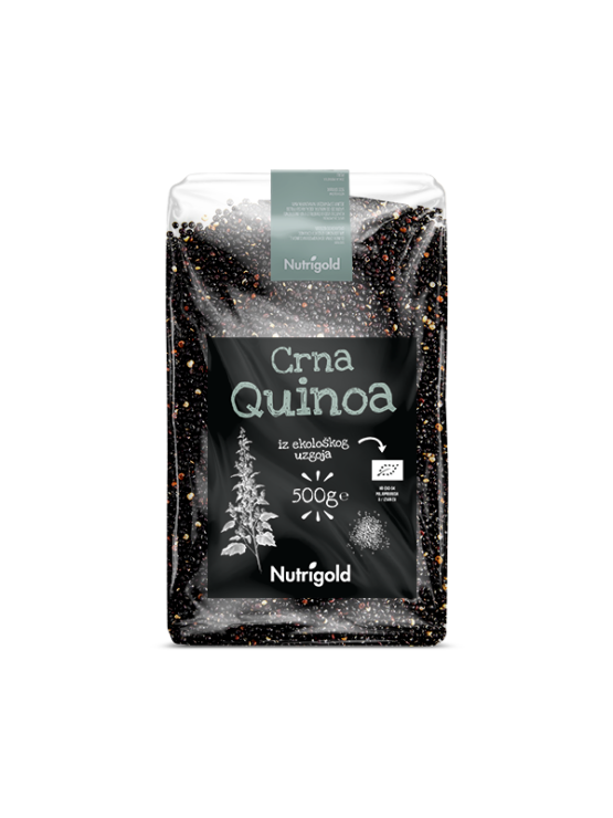 Nutrigold organic black quinoa in a transparent packaging of 500g