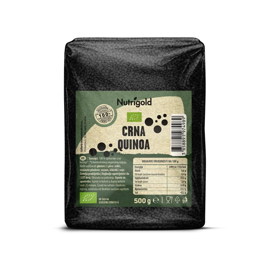 Nutrigold organic black quinoa in a transparent packaging of 500g