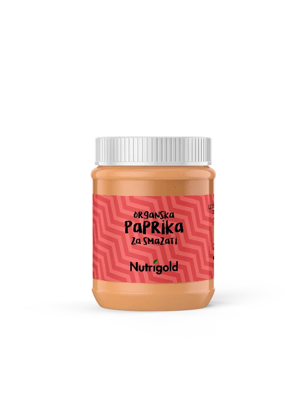 Nutrigold organic bell pepper vegan spread in a transparent glass packaging of 135g