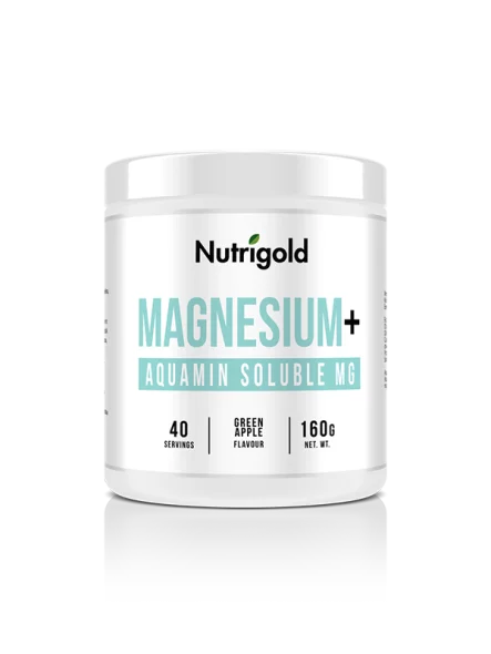 Nutrigold Magnesium+ Aquamin Soluble, green apple flavoured in a plastic container of 160g