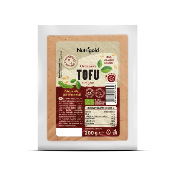 Nutrigold organic smoked tofu in a transparent packaging of 200g