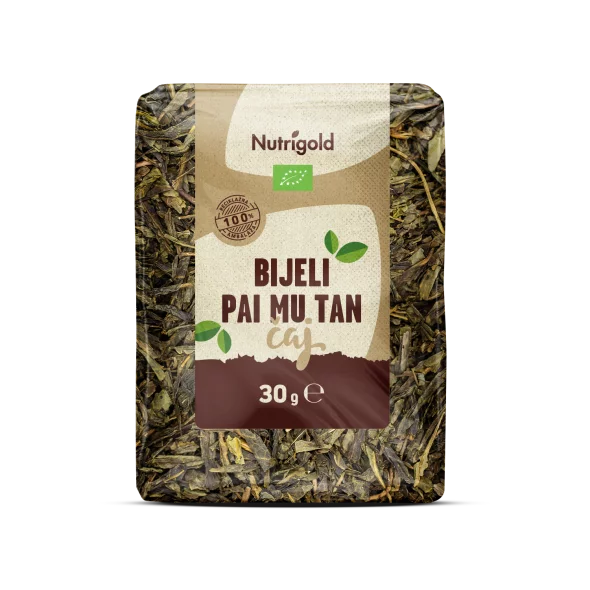 Nutrigold organic white pai mu tan tea in a transparent packaging of 30g
