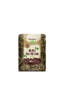 Nutrigold organic white pai mu tan tea in a transparent packaging of 30g