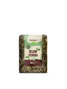 Nutrigold organic sencha green tea in a transparent packaging of 50g