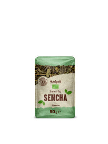 Nutrigold organic sencha green tea in a transparent packaging of 50g