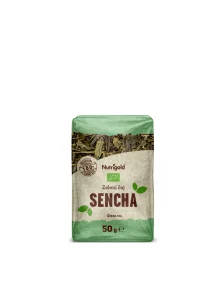 Nutrigold organic sencha green tea in a transparent packaging of 50g