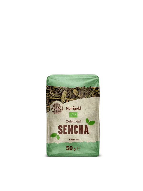 Nutrigold organic sencha green tea in a transparent packaging of 50g