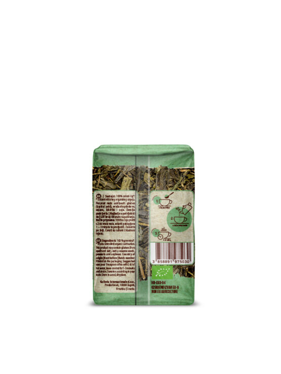 Nutrigold organic sencha green tea in a transparent packaging of 50g