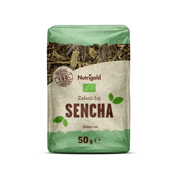 Nutrigold organic sencha green tea in a transparent packaging of 50g