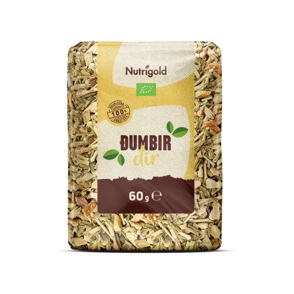 Nutrigold organic ginger tea in a transparent packaging of 60g