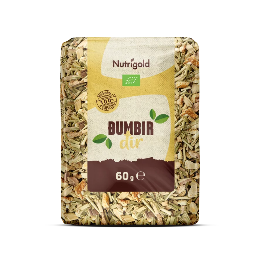 Nutrigold organic ginger tea in a transparent packaging of 60g
