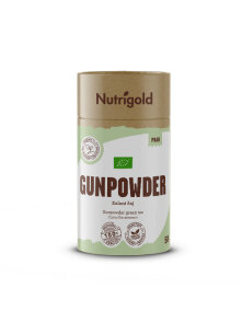 Nutrigold organic gunpowder green tea in a green cylinder shaped packaging containing 50g