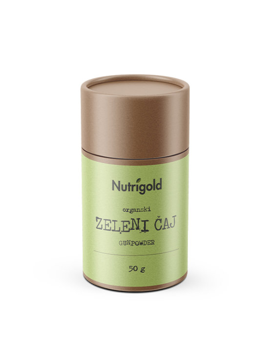 Nutrigold organic gunpowder green tea in a green cylinder shaped packaging containing 50g