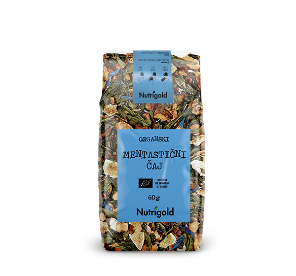 Nutrigold organski mentastični čaj od mente u prozirnoj plastičnoj ambalaži od 60 grama.