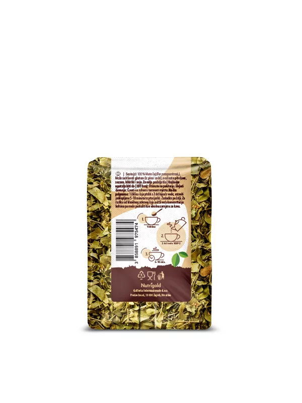 Nutrigold Yerba Mate tea in a transparent packaging of 50g
