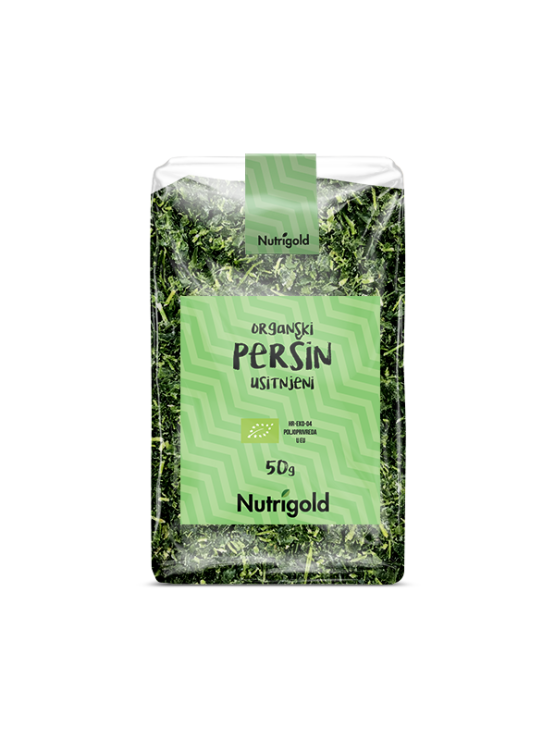 Nutrigold organic chopped parsley in a transparent packaging of 50g