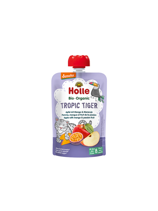 Organic Holle apple, mango and passion fruit purée in a resealable pouch 100g