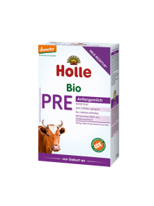Holle organic PRE formula from cow's milk in a rectangular cardboard packaging of 400g