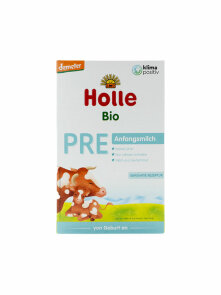 Holle organic PRE formula from cow's milk in a rectangular cardboard packaging of 400g