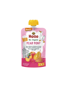 Organic Holle pear, peach and raspberry purée with spelt in a resealable pouch 100g