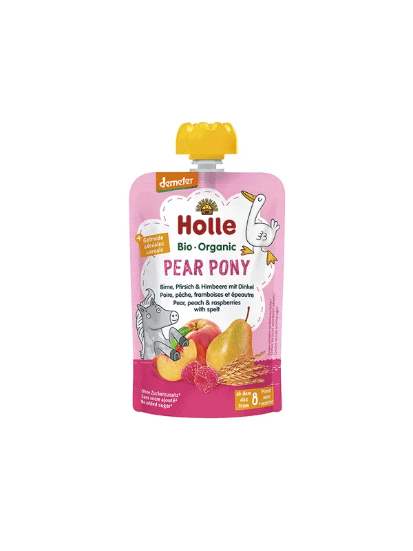 Organic Holle pear, peach and raspberry purée with spelt in a resealable pouch 100g