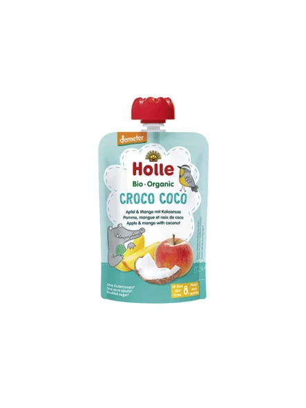 Organic Holle apple, mango and coconut purée in a resealable pouch 100g