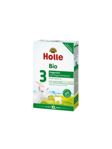 Holle organic follow on goat's milk powder in a rectangular cardboard packaging of 600g