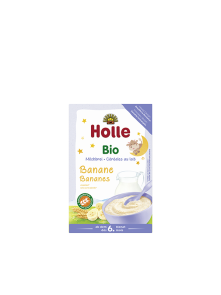 Organic Holle milk cereal with banana in a cardboard packaging of 250g