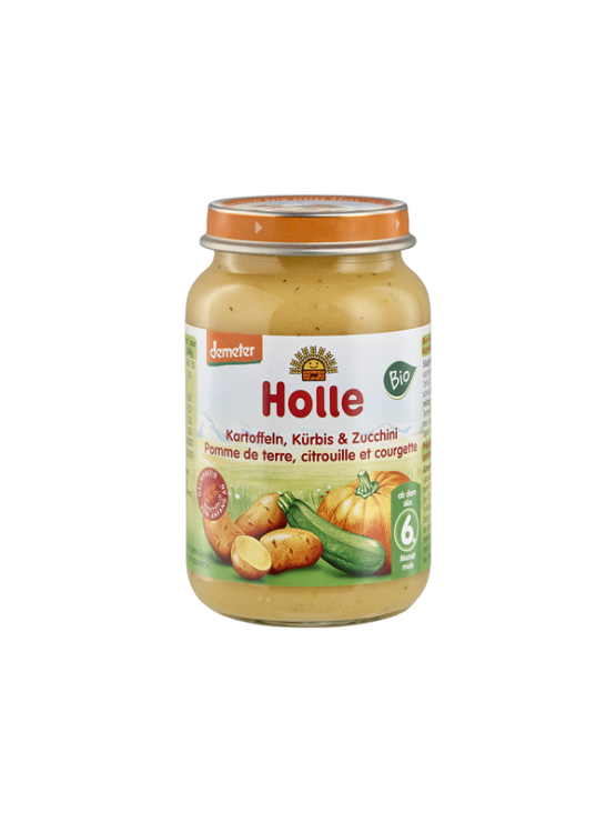 Organic Holle courgette and pumpkin purée with potato in a glass jar of 190g