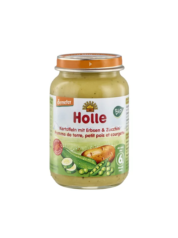 Organic Holle courgette and pumpkin purée with potato in a glass jar of 190g