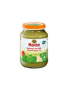 Organic Holle broccoli and rice purée in a glass jar of 190g