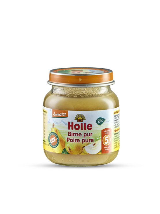 Organic Holle pear purée in a glass jar of 125g