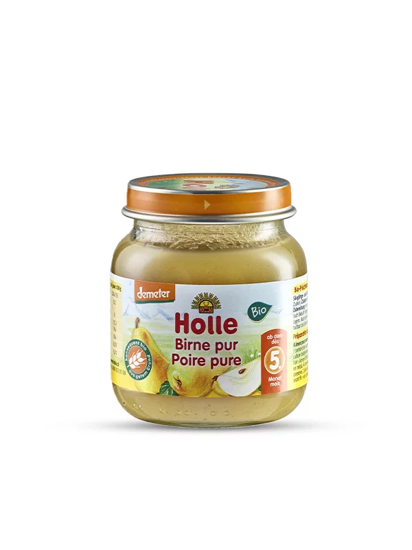 Organic Holle pear purée in a glass jar of 125g