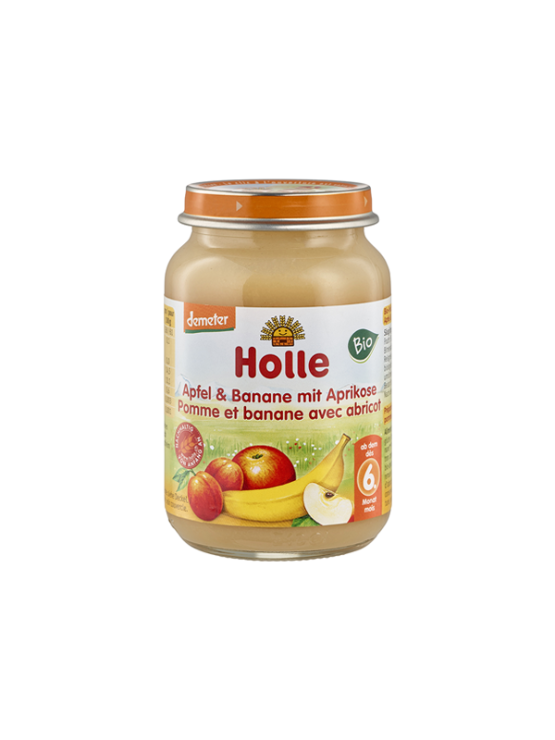 Organic Holle apple, banana and apricot purée in a glass jar of 190g