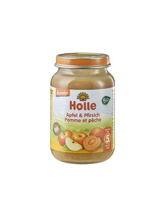 Organic Holle apple and apricot purée in a glass jar of 190g