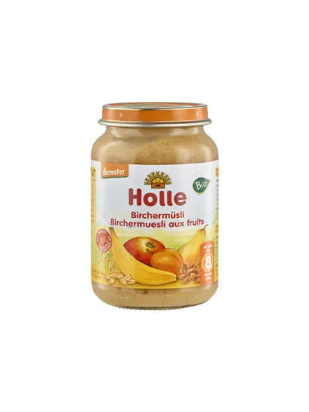 Organic Holle fruits and muesli purée in a glass jar of 220g