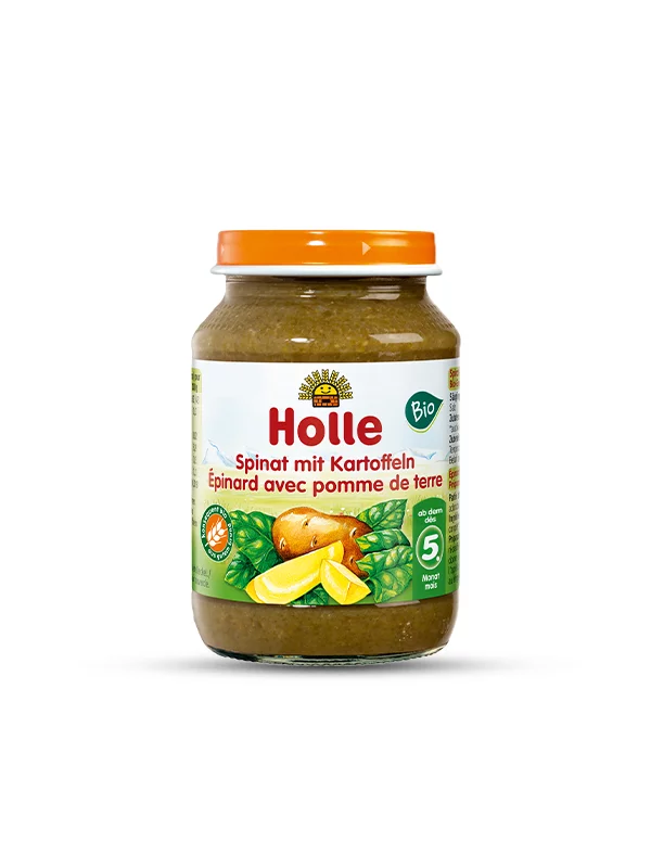 Organic Holle spinach and broccoli purée in a glass jar of 190g