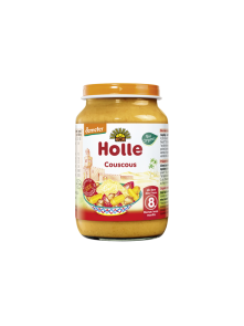 Organic Holle vegetables and couscous purée in a glass jar of 220g