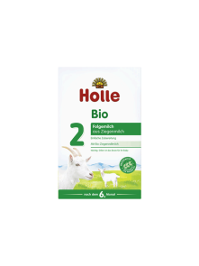Holle organic follow on goat's milk powder in a rectangular cardboard packaging of 400g