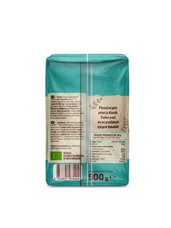 Nutrigold organic whole grain wheat grits in a transparent packaging of 500g