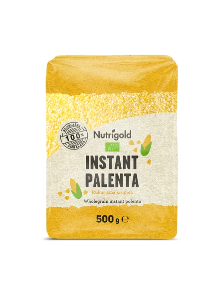 Nutrigold organic polenta in a transparent packaging of 500g