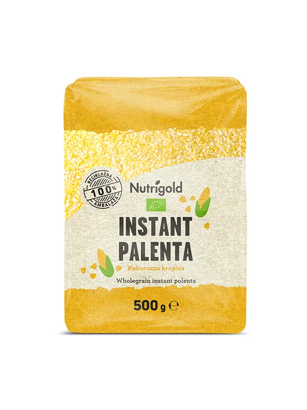 Nutrigold organic polenta in a transparent packaging of 500g