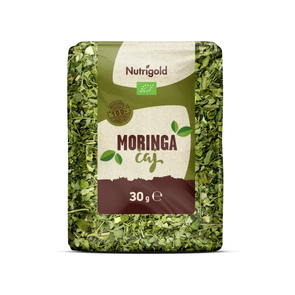 Nutrigold organic moringa tea in transparent 30g packaging