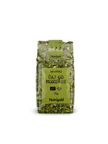 Nutrigold organic moringa tea in transparent 30g packaging