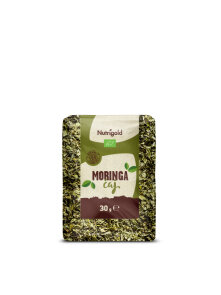 Nutrigold organic moringa tea in transparent 30g packaging