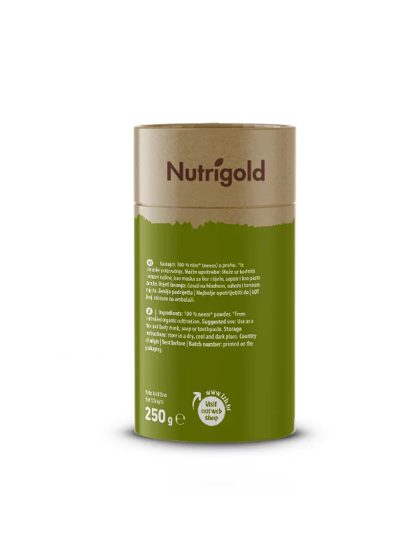 Nutrigold neem powder in a brown cardboard packaging of 250g
